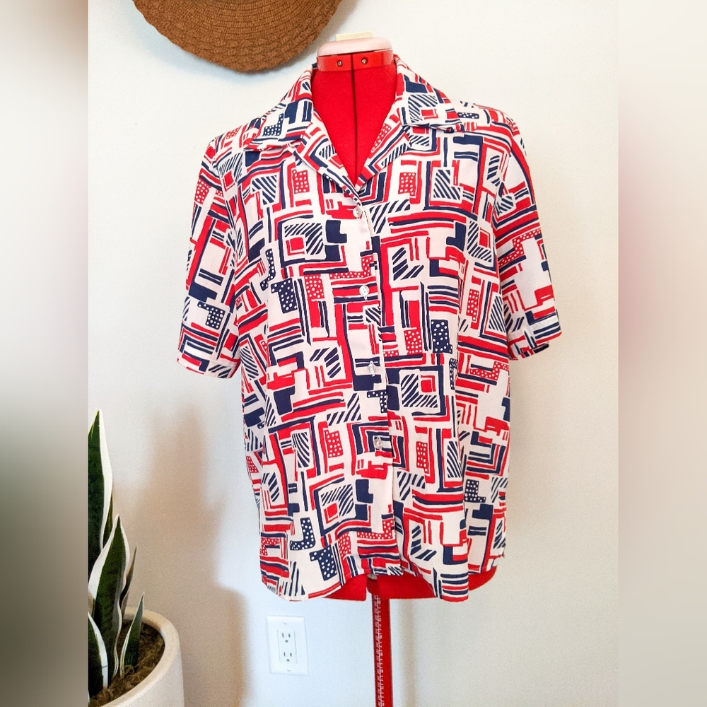 Blue, Red and White patterned Blouse - Size M/L